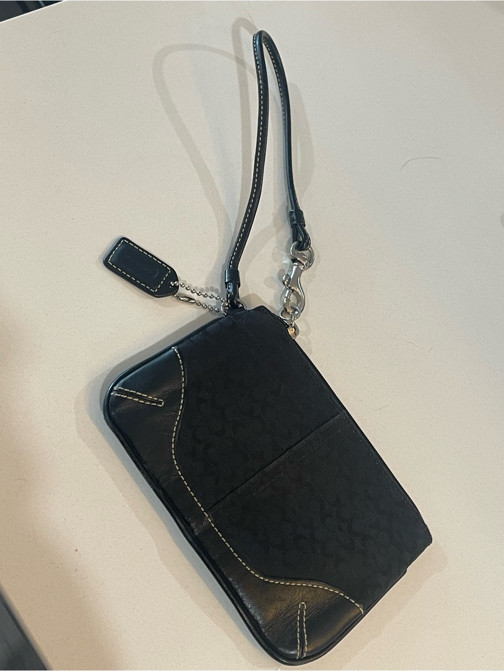 Coach Black Signature Wristlet with Contrast Stitching